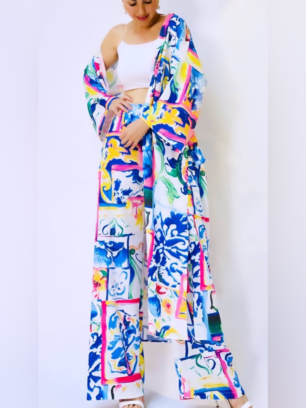 New ! Colorful Tile-Print Wide Leg Set - Vibrant Multicolor